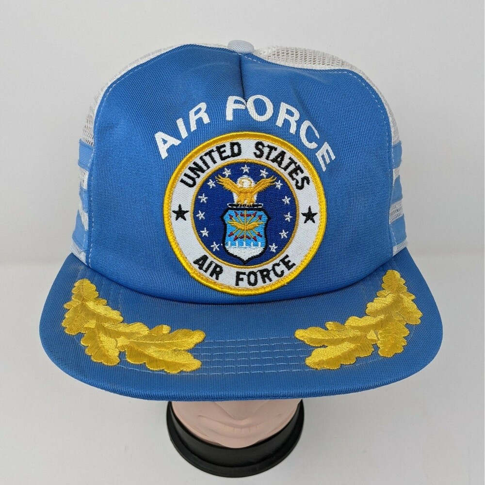 Vtg United States Air Force 3 Stripe Snapback Hat Trucker Cap Patch Broken Snap
